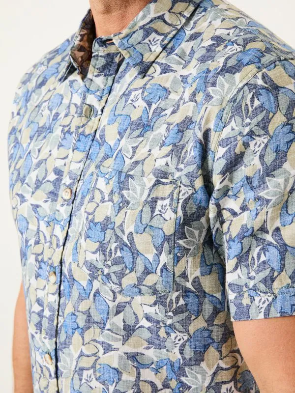 Fat Face Shirts Men Blue 100 Cotton Short Sleeve Leaves Print Shirt