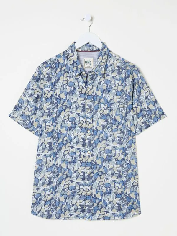 Fat Face Shirts Men Blue 100 Cotton Short Sleeve Leaves Print Shirt