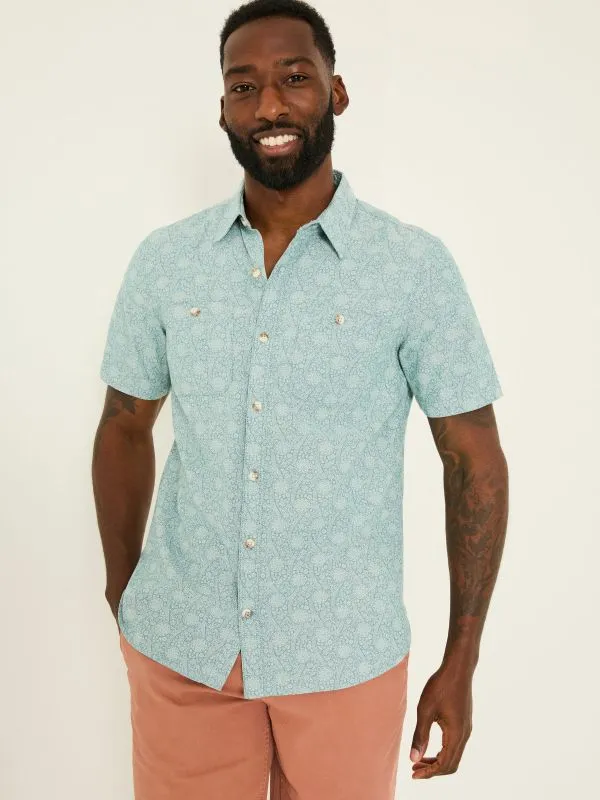Fat Face Shirts Men Pale Blue 100 Cotton Short Sleeve Tile Print Shirt