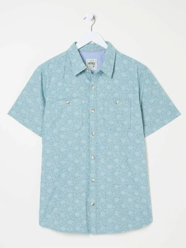 Fat Face Shirts Men Pale Blue 100 Cotton Short Sleeve Tile Print Shirt