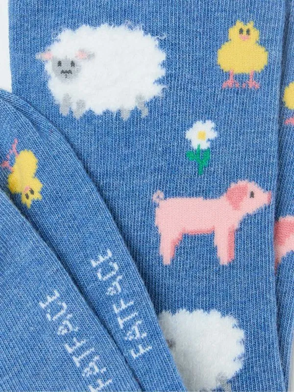 Fat Face Socks Women Blue Farm Animals Socks