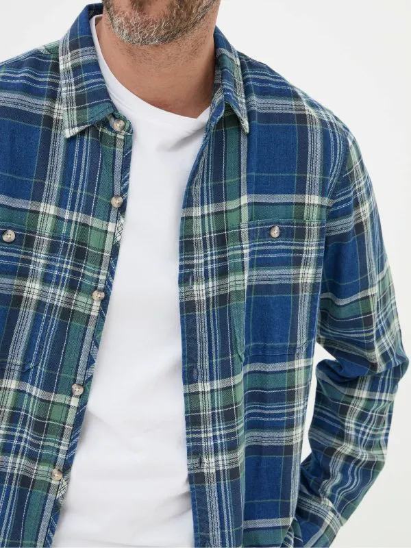 Fat Face Tall Collection Men Western BlueGreen 100 Cotton Long Sleeve Check Shirt