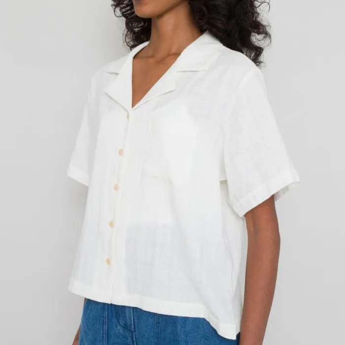 Folk Clothing Shirting Short Sleeve Soft Collar Shirt 8211 Double Layer Ecru Voile 8211 Womens
