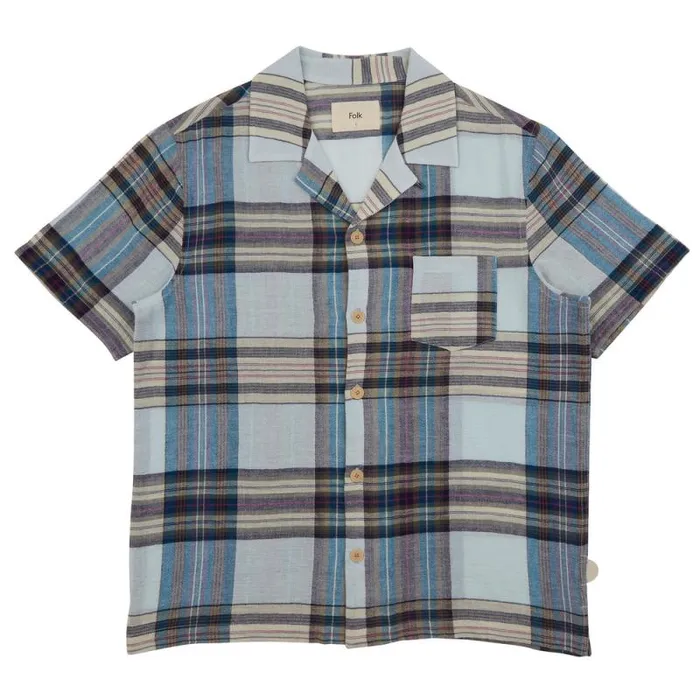 Folk Clothing Shirts SS Soft Collar Shirt 8211 Ocean Blue Check 8211 Mens