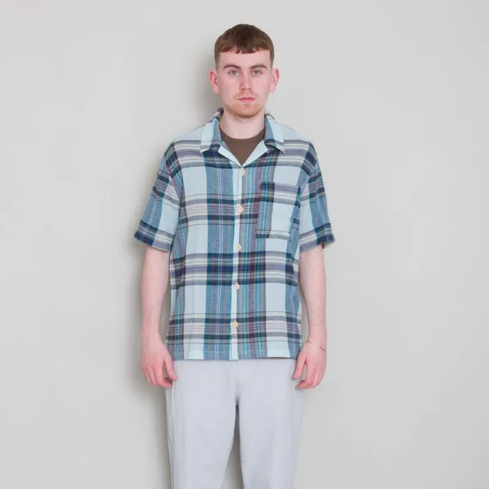 Folk Clothing Shirts SS Soft Collar Shirt 8211 Ocean Blue Check 8211 Mens