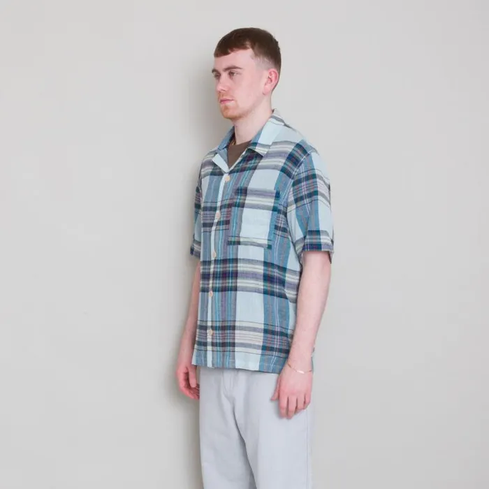 Folk Clothing Shirts SS Soft Collar Shirt 8211 Ocean Blue Check 8211 Mens