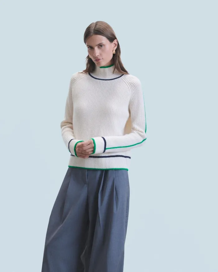 From Future Cashmere Sweaters Women Mock Neck Tricolor Sweater In Textured Knit White