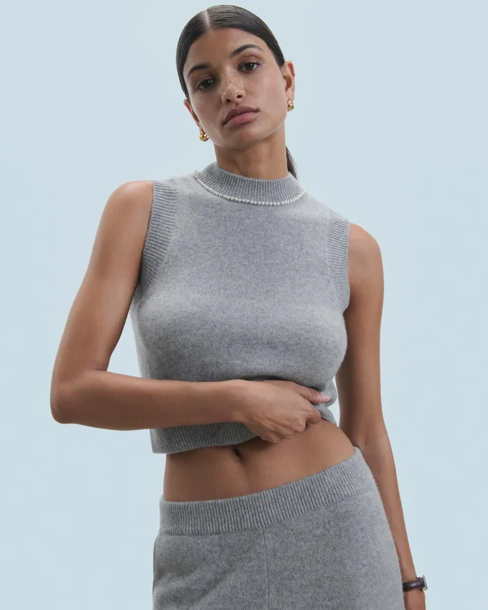 From Future Cashmere Sweaters Women Sleeveless Sweater With Beads At The Neckline Dark Heather Gray