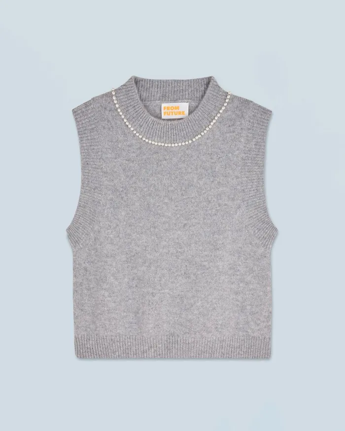 From Future Cashmere Sweaters Women Sleeveless Sweater With Beads At The Neckline Dark Heather Gray