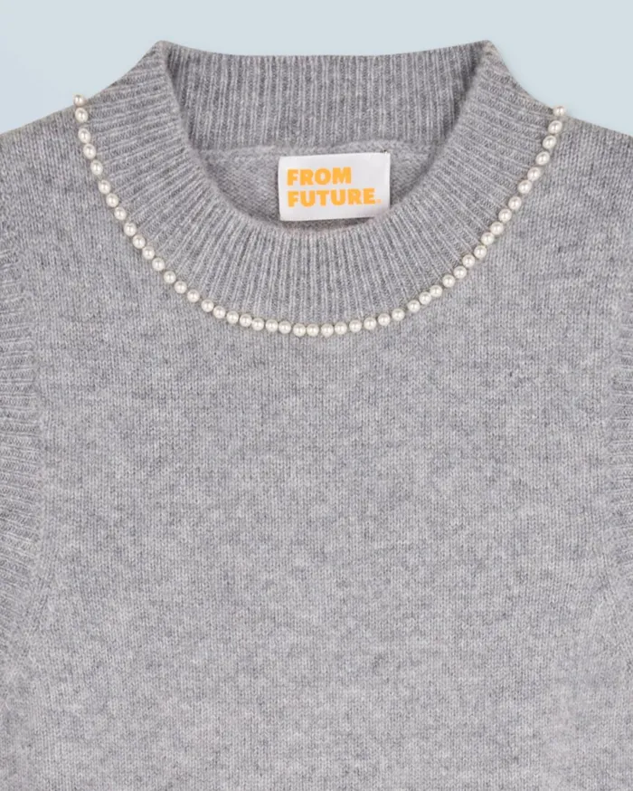 From Future Cashmere Sweaters Women Sleeveless Sweater With Beads At The Neckline Dark Heather Gray