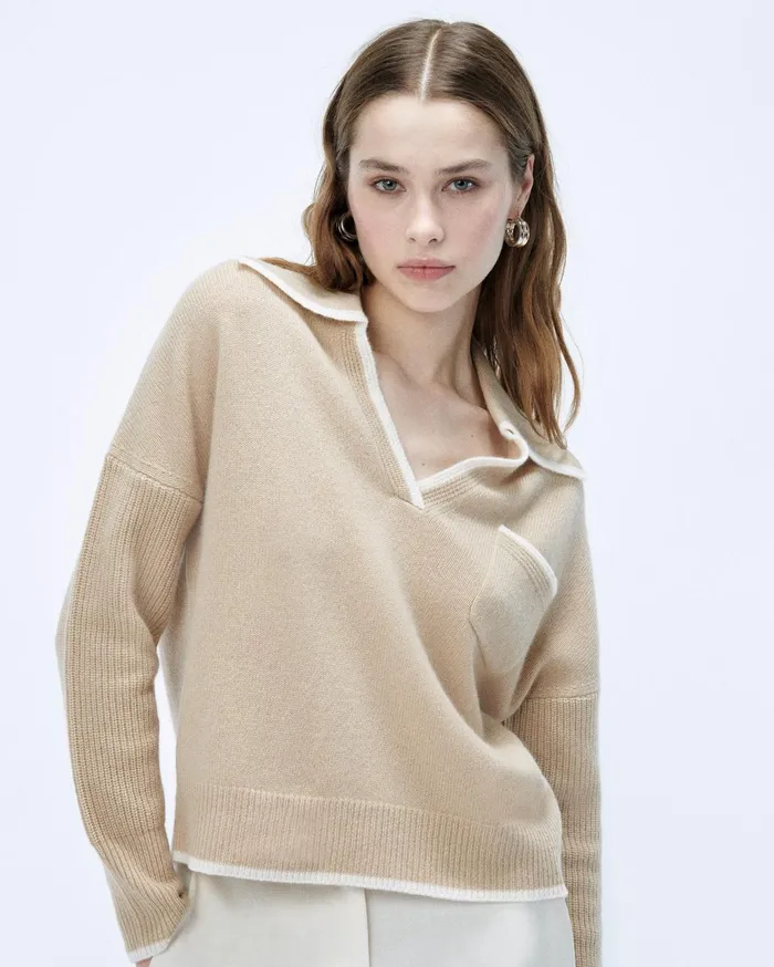 From Future Cashmere Sweaters Women TwoTone Polo Neck Sweater Beige