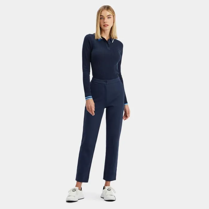 GFORE Polos and Shirts Women CONTRAST STRIPE COTTON BLEND RIBBED LONG SLEEVE KNIT POLO Twilight