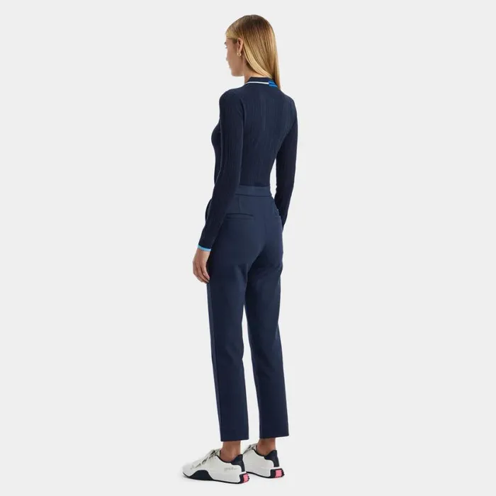 GFORE Polos and Shirts Women CONTRAST STRIPE COTTON BLEND RIBBED LONG SLEEVE KNIT POLO Twilight