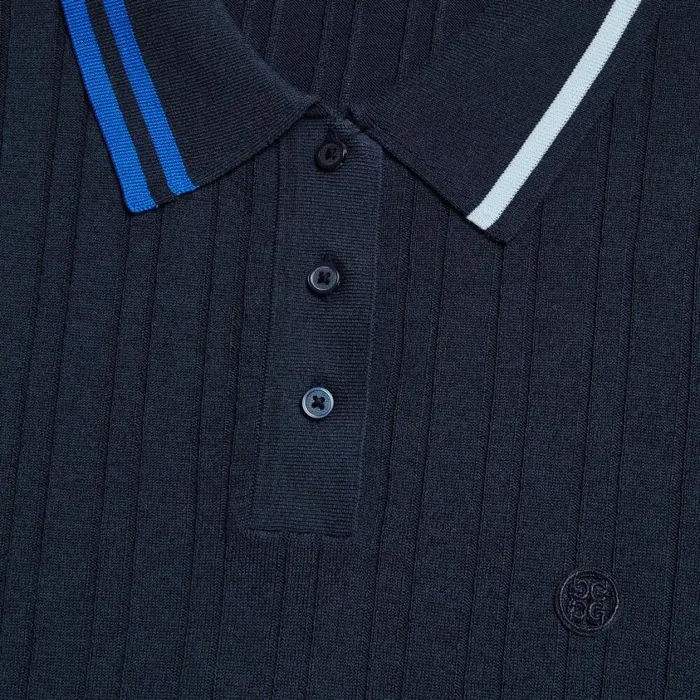 GFORE Polos and Shirts Women CONTRAST STRIPE COTTON BLEND RIBBED LONG SLEEVE KNIT POLO Twilight