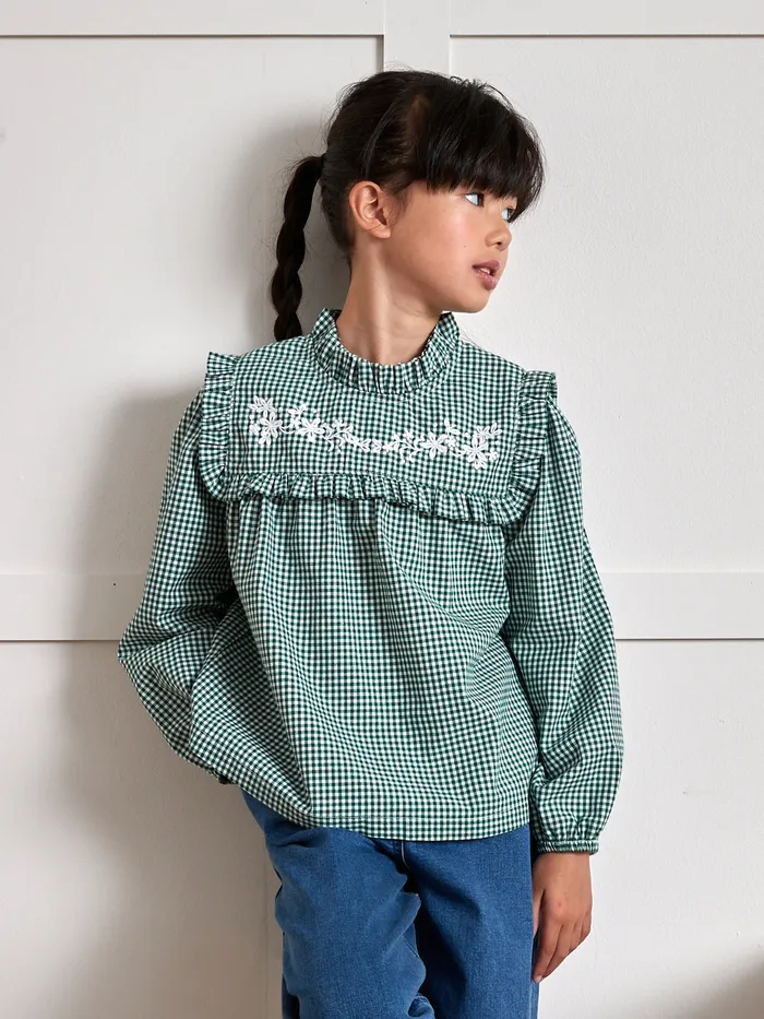 Girls Cyrillus Clothing Gingham Check Blouse Vichy Vert