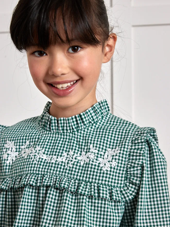 Girls Cyrillus Clothing Gingham Check Blouse Vichy Vert