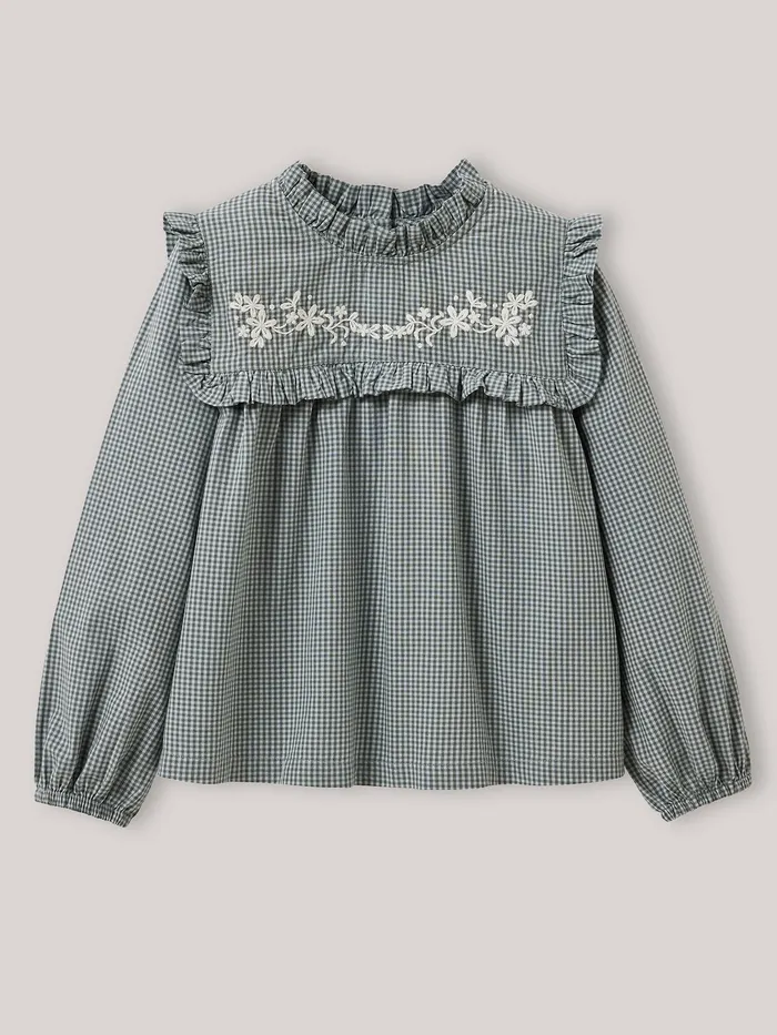 Girls Cyrillus Clothing Gingham Check Blouse Vichy Vert