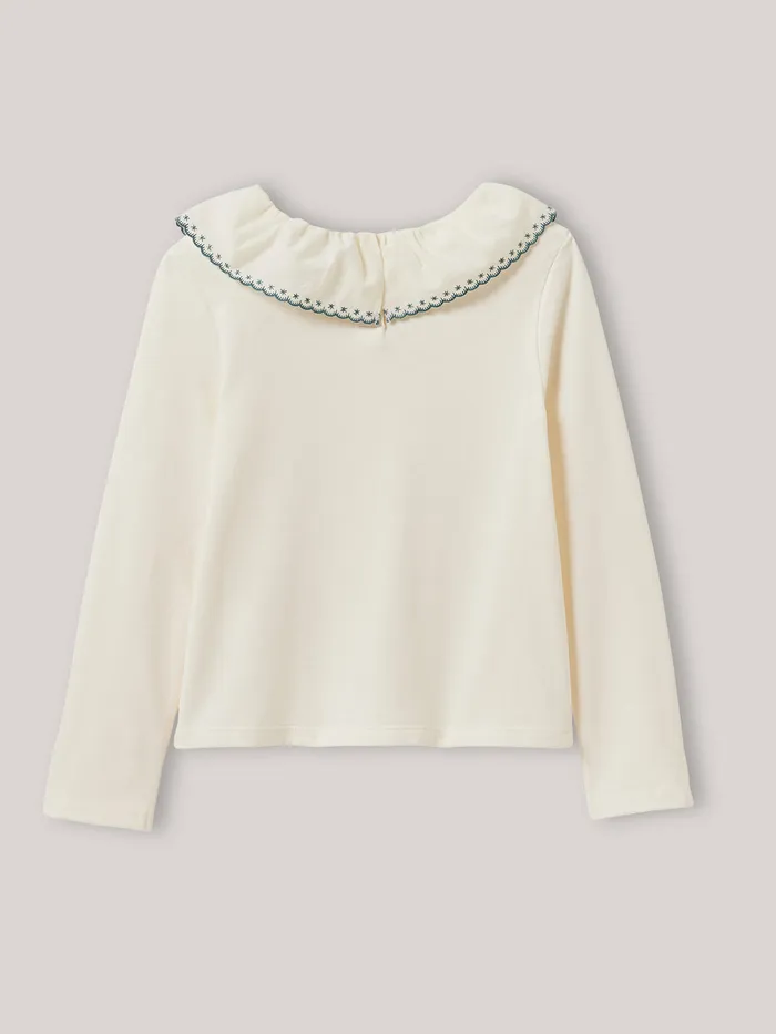 Girls Cyrillus Clothing TShirt With Embroidered Ruffled Collar 8211 Organic Cotton Ecru