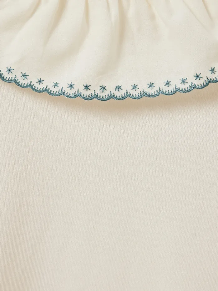 Girls Cyrillus Clothing TShirt With Embroidered Ruffled Collar 8211 Organic Cotton Ecru