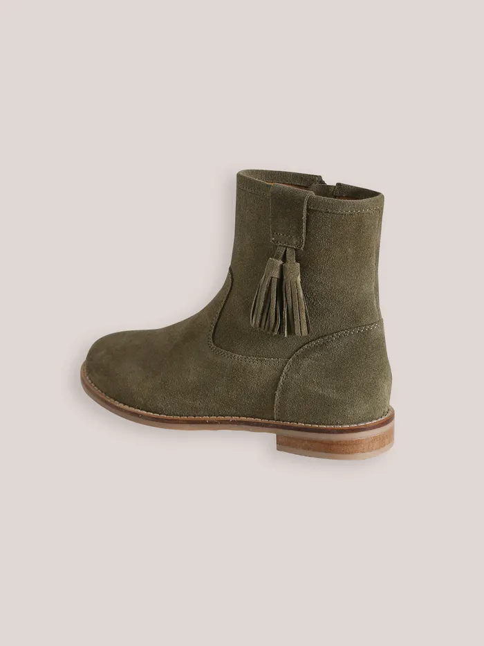 Girls Cyrillus Shoes Leather Ankle Boots With Tassels Kaki