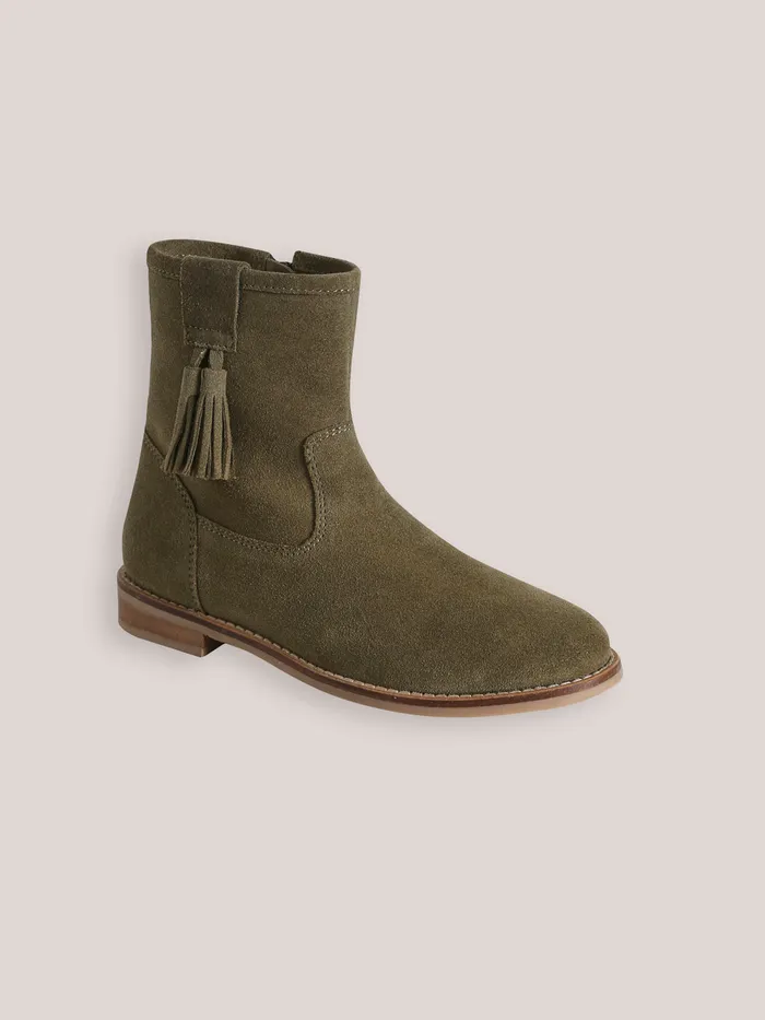 Girls Cyrillus Shoes Leather Ankle Boots With Tassels Kaki
