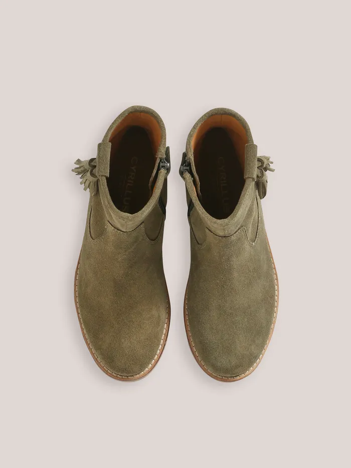 Girls Cyrillus Shoes Leather Ankle Boots With Tassels Kaki