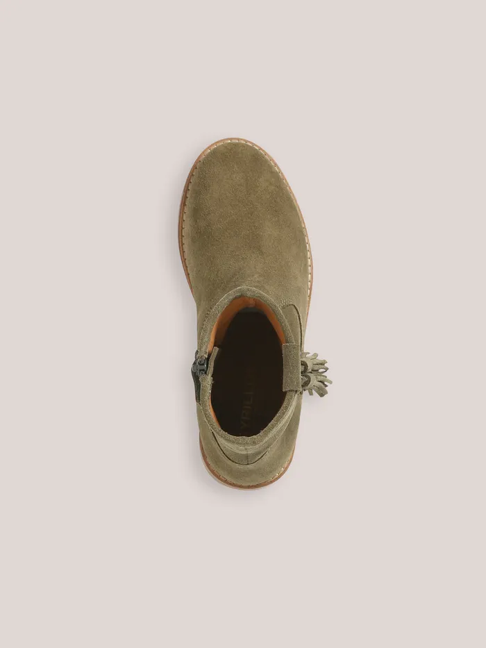 Girls Cyrillus Shoes Leather Ankle Boots With Tassels Kaki