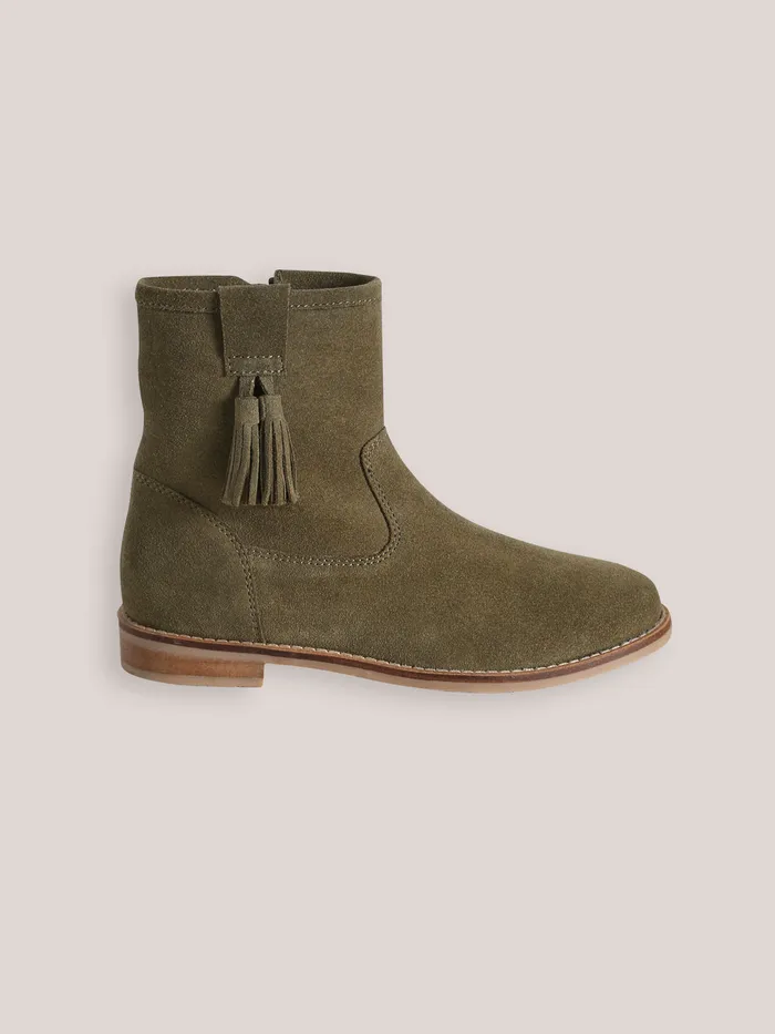 Girls Cyrillus Shoes Leather Ankle Boots With Tassels Kaki