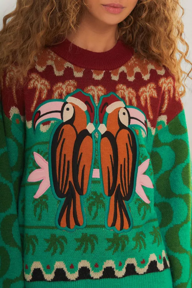 Green Christmas Toucans Knit Sweater Women Farm Rio Sweaters and Sweatshirts