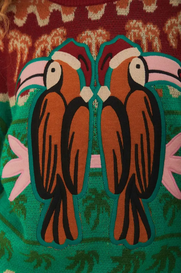 Green Christmas Toucans Knit Sweater Women Farm Rio Sweaters and Sweatshirts