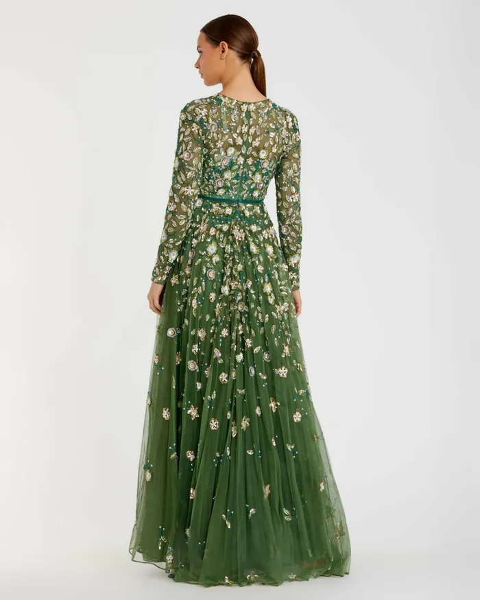 Green Embellished High Neck Long Sleeve A Line Gown Sage Evening Gowns Mac Duggal Women