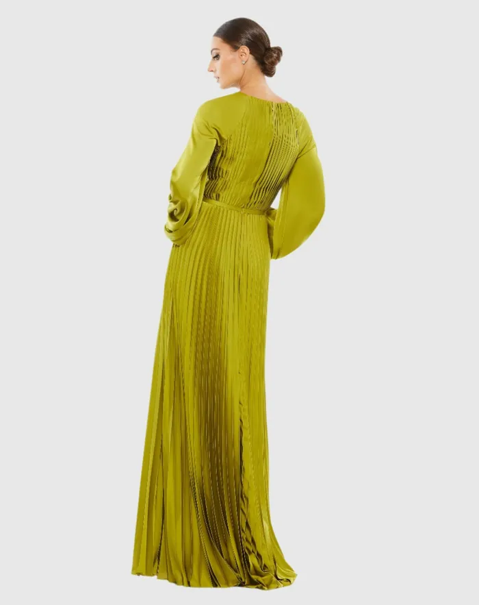 Green Pleated High Neck Raglan Long Sleeve Side Slit Gown Apple Green Women Evening Gowns Mac Duggal
