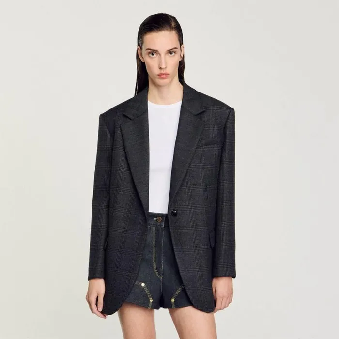Jackets and Blazers Women SANDRO Checked Suit Jacket Dark Grey