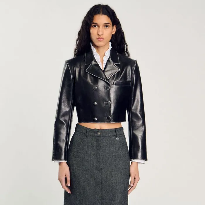 Jackets and Blazers Women SANDRO Cropped Leather Jacket Black