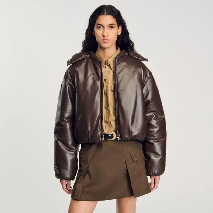 Jackets and Blazers Women SANDRO Glazed Leather Jacket Brown