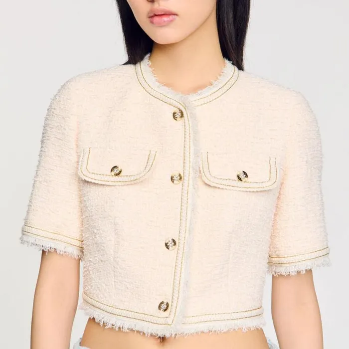 Jackets and Blazers Women SANDRO Shortsleeved Tweed Jacket Ecru Pink