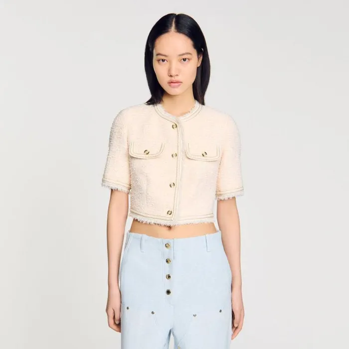 Jackets and Blazers Women SANDRO Shortsleeved Tweed Jacket Ecru Pink