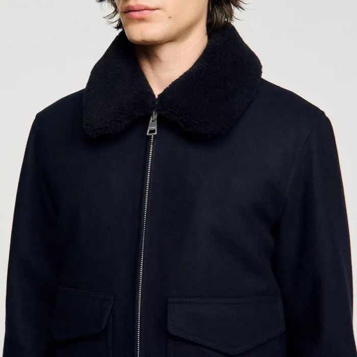 Jackets Men SANDRO Wool Aviator Jacket Navy Blue