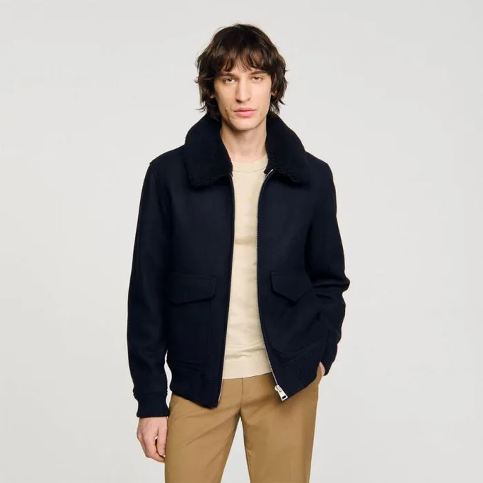 Jackets Men SANDRO Wool Aviator Jacket Navy Blue