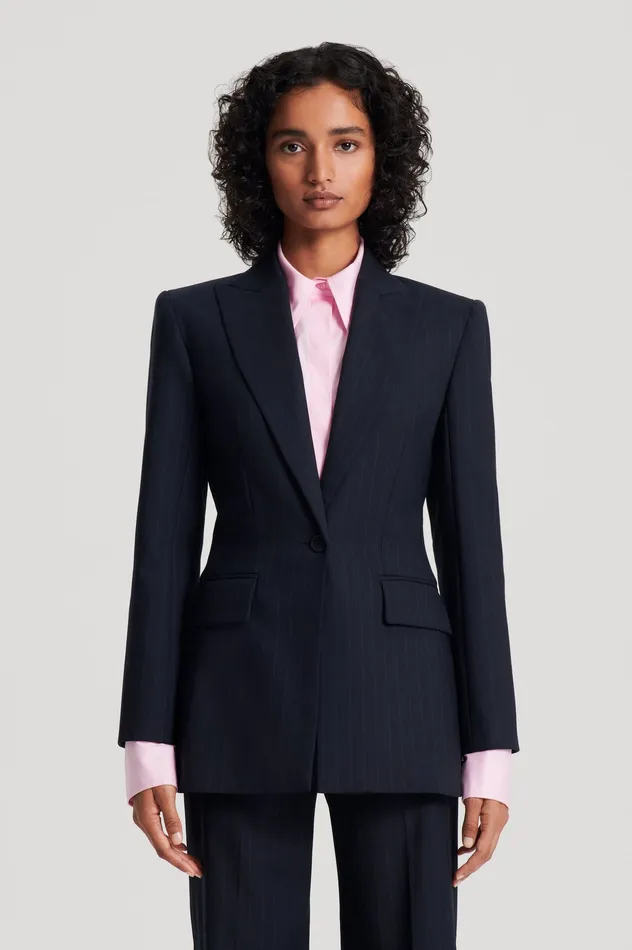 Jackets Scanlan Theodore Women CHALK STRIPE TAILORED JACKET NAVY Jackets Scanlan Theodore Women CHALK STRIPE TAILORED JACKET NAVY