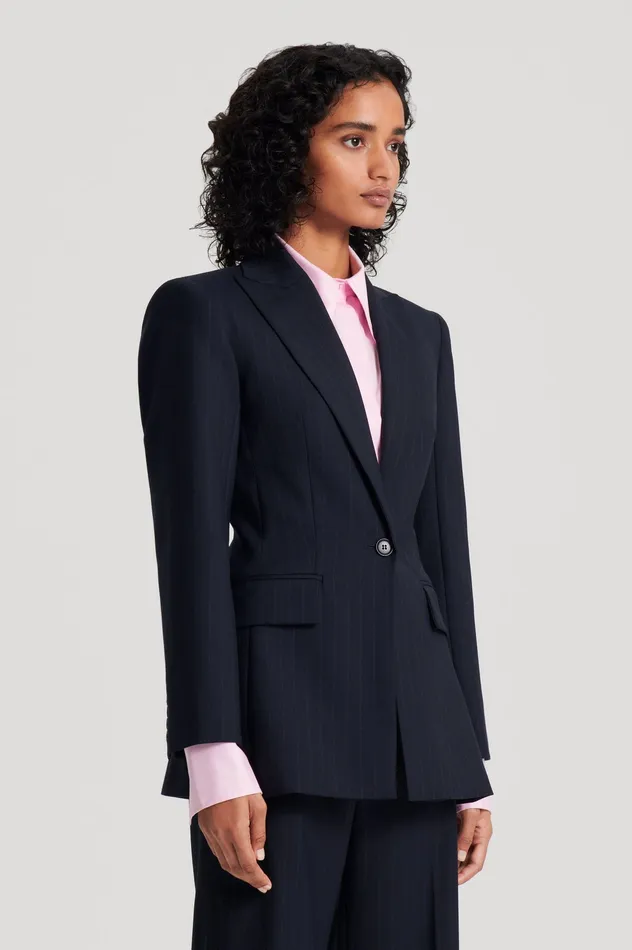 Jackets Scanlan Theodore Women CHALK STRIPE TAILORED JACKET NAVY Jackets Scanlan Theodore Women CHALK STRIPE TAILORED JACKET NAVY