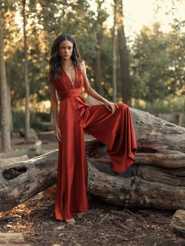 Jumpsuits and Rompers Orange Ruched Halter Top Wide Leg Satin Jumpsuit Rust 8211 Mac Duggal Women Jumpsuits and Rompers Orange Ruched Halter Top Wide Leg Satin Jumpsuit Rust 8211 Mac Duggal Women