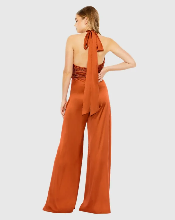 Jumpsuits and Rompers Orange Ruched Halter Top Wide Leg Satin Jumpsuit Rust 8211 Mac Duggal Women Jumpsuits and Rompers Orange Ruched Halter Top Wide Leg Satin Jumpsuit Rust 8211 Mac Duggal Women