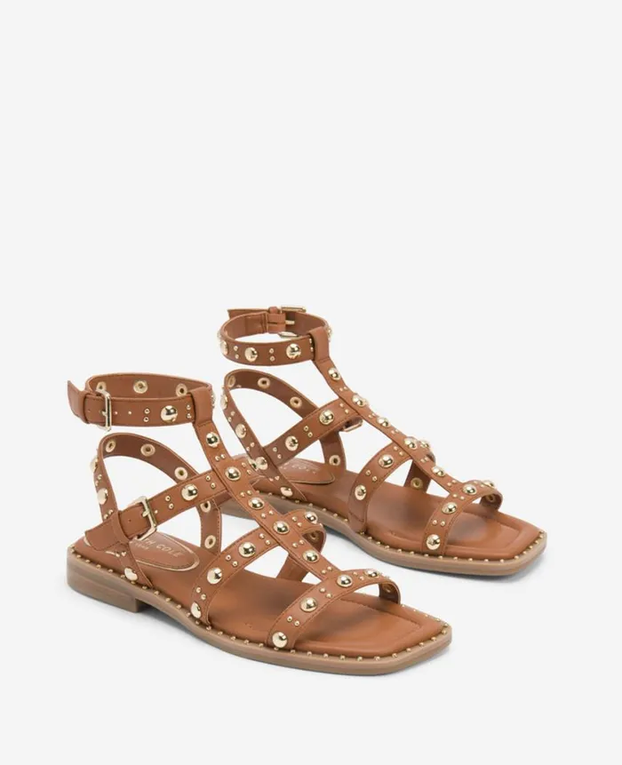 Kenneth Cole Sandals and Wedges Women Ruby Studded Gladiator Flat Sandal Brown Kenneth Cole Sandals and Wedges Women Ruby Studded Gladiator Flat Sandal Brown
