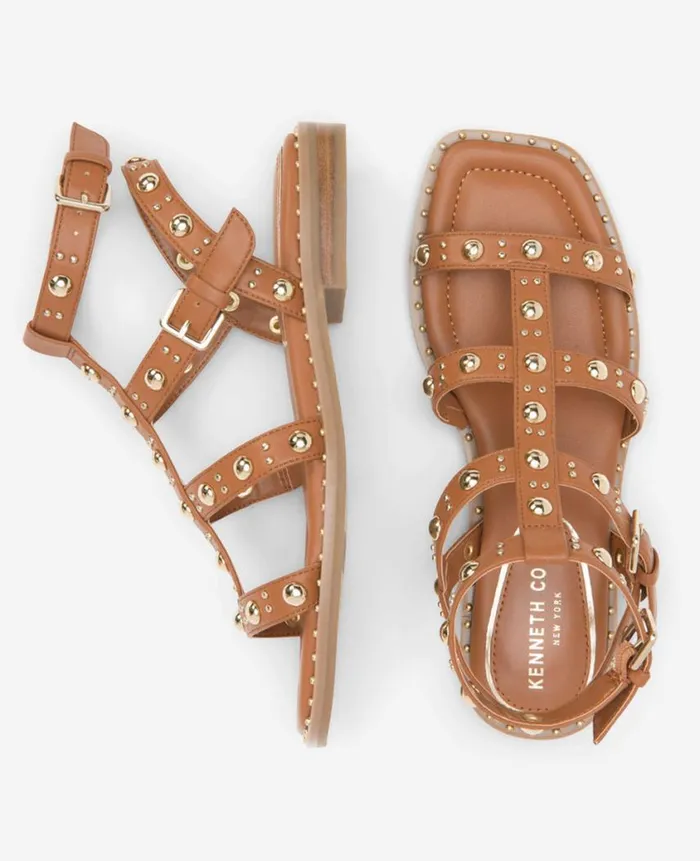 Kenneth Cole Sandals and Wedges Women Ruby Studded Gladiator Flat Sandal Brown Kenneth Cole Sandals and Wedges Women Ruby Studded Gladiator Flat Sandal Brown