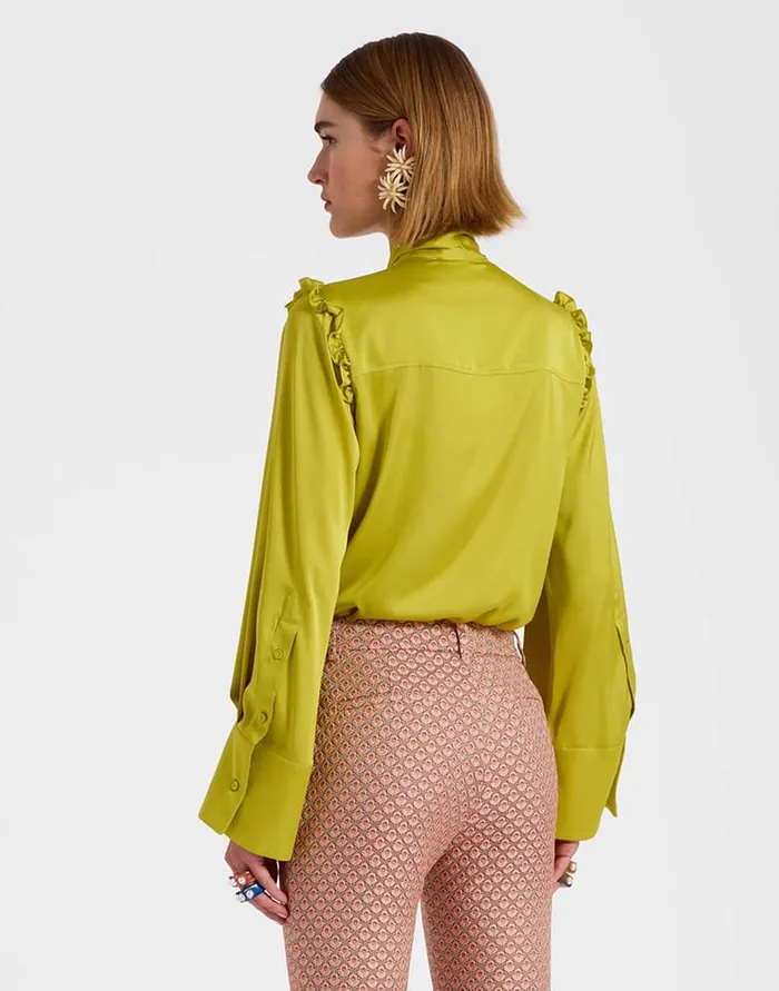 La Doublej Ascot Shirt Acid Green In Stretch Satin Women Shirts and Tops
