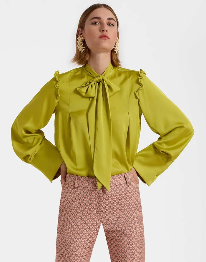 La Doublej Ascot Shirt Acid Green In Stretch Satin Women Shirts and Tops