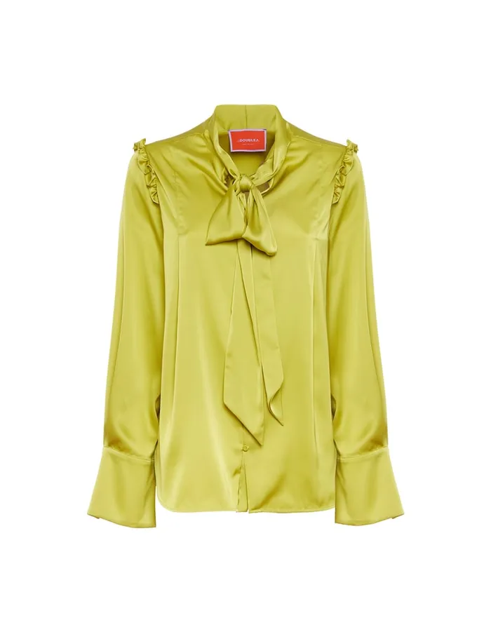 La Doublej Ascot Shirt Acid Green In Stretch Satin Women Shirts and Tops