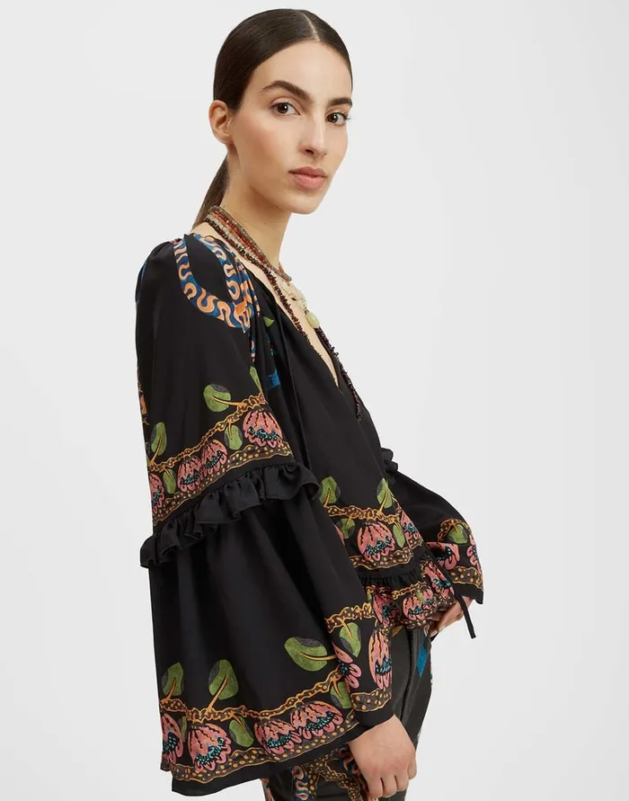 La Doublej Boho Blouse Eve Black In Crepe De Chine Women Shirts and Tops