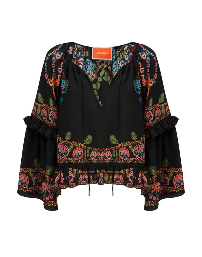La Doublej Boho Blouse Eve Black In Crepe De Chine Women Shirts and Tops